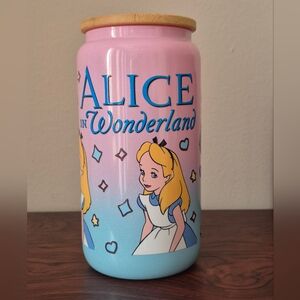 Alice in Wonderland pink blue glitter glass tumbler wooden lid straw 16oz